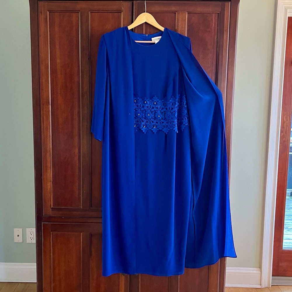 After Dark Vintage Long Sleeve Maxi Cape Dress, Royal Blue with Lace Detail 18WP